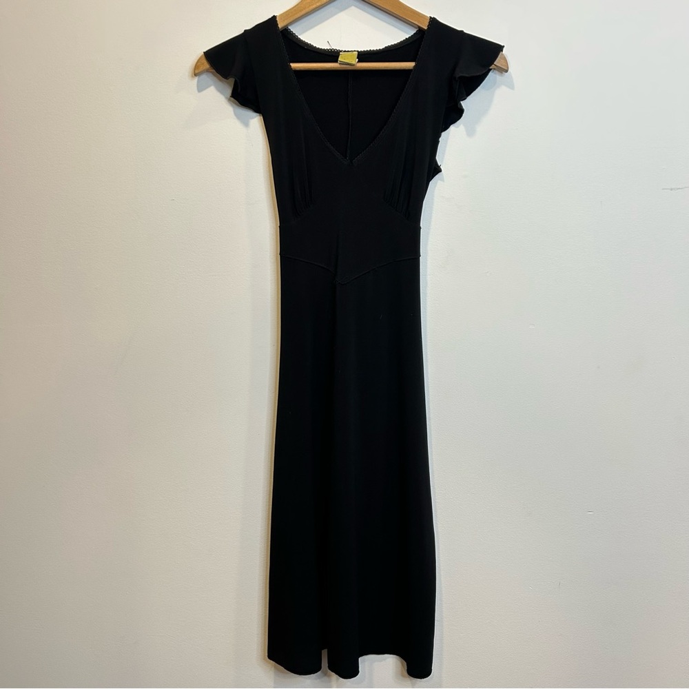 Closet Vintage Y2K Flutter Sleeve V-Neck Midi Dress with tie waist black